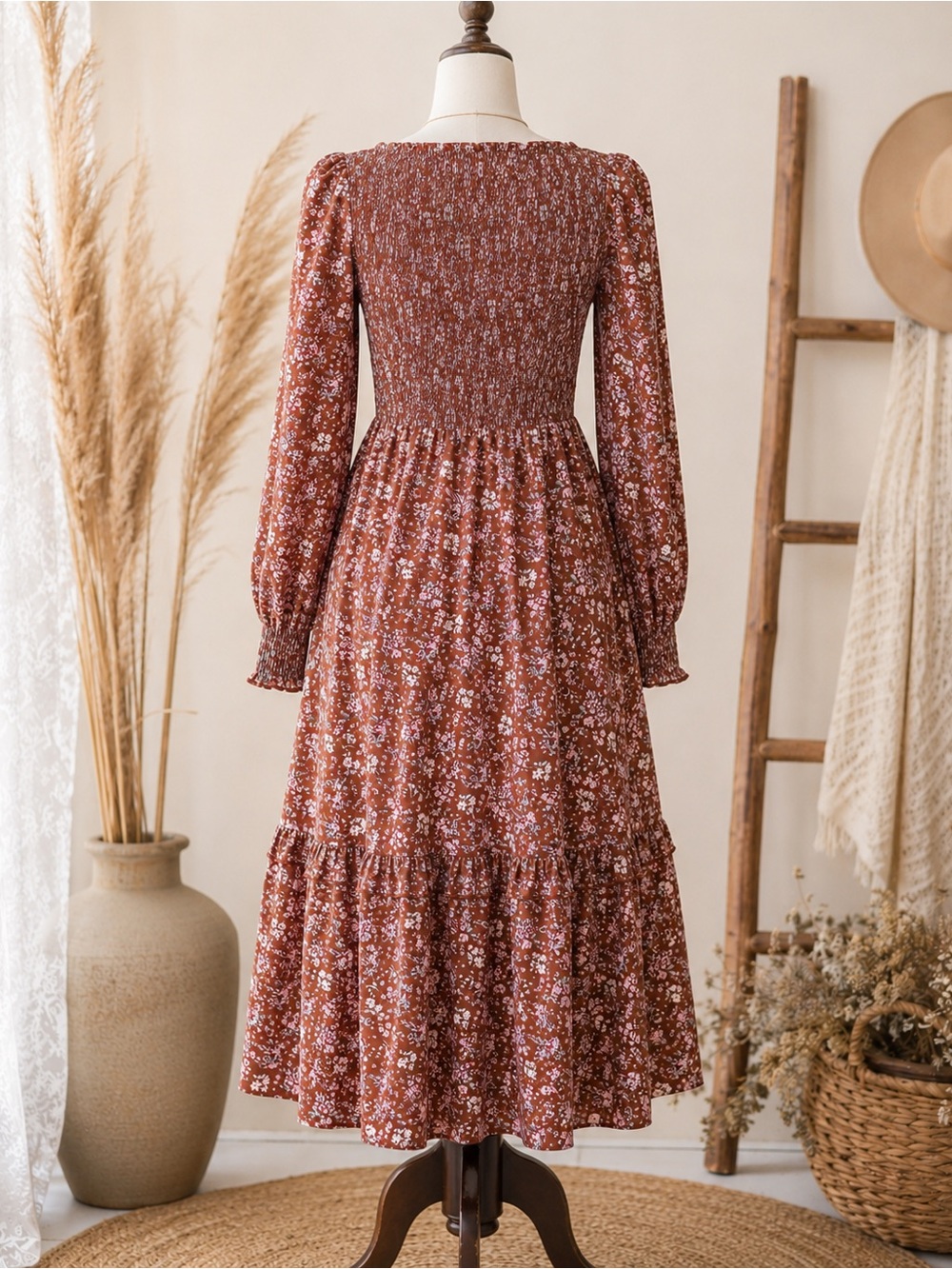 🤎 Cottagecore Floral Smocked Midi Dress XL Boho - Picture 2 of 11